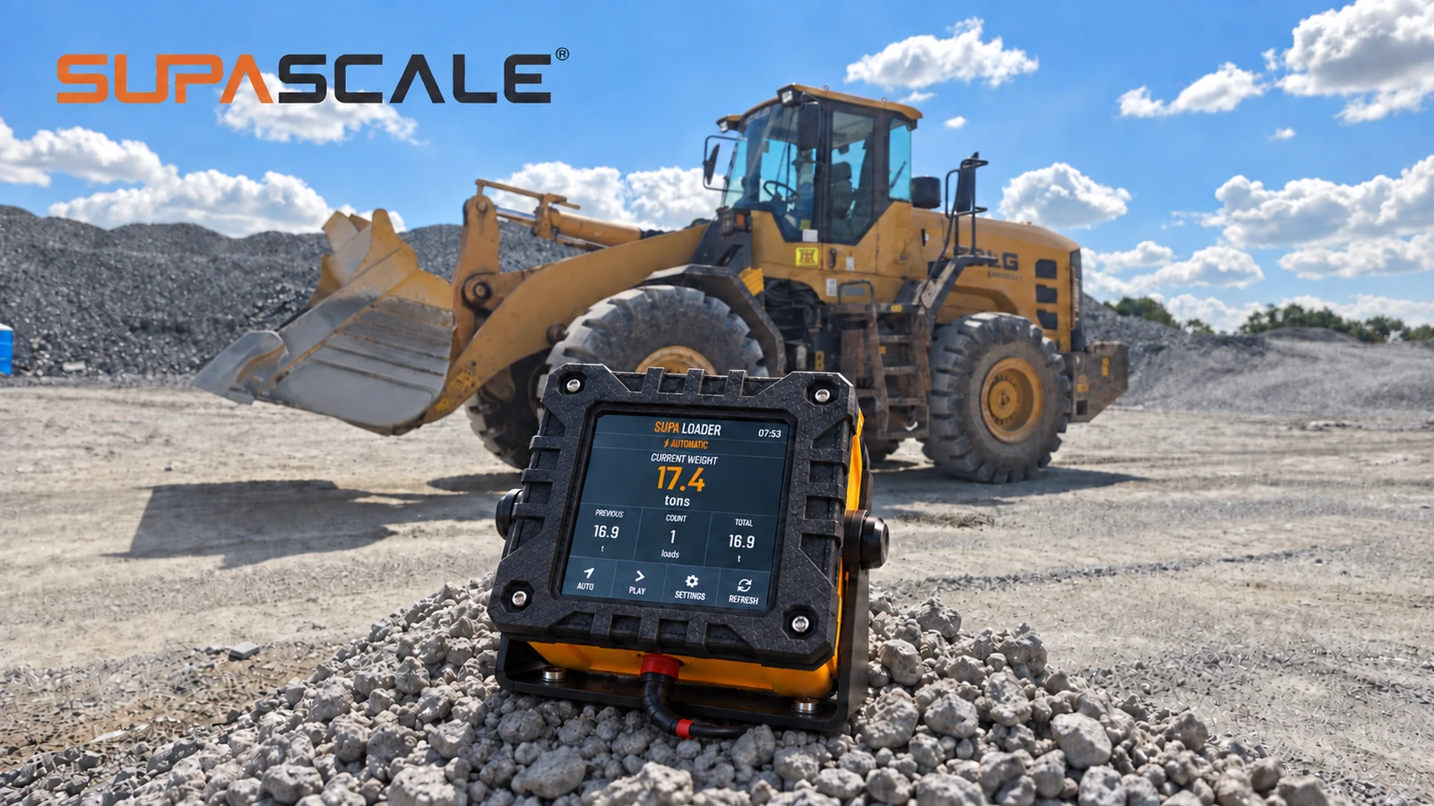 SUPA SCALE loader display in front of a wheel loader at a stockpile