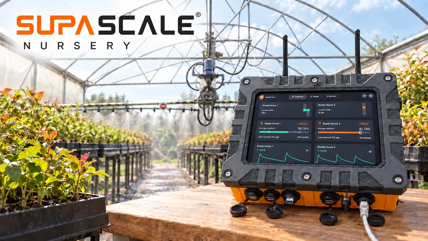 SUPA SCALE nursery controller with a moisture dashboard in a growing nursery